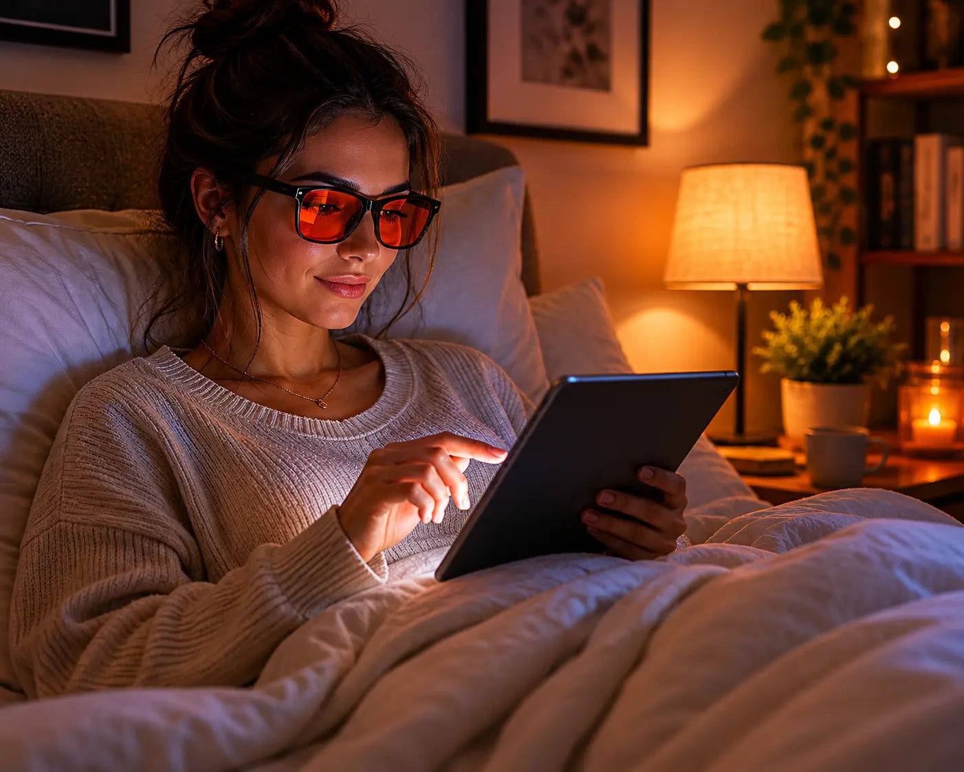 Woman using a tablet in bed at night while wearing Deep Drift Solar Dusk amber blue light blocking glasses