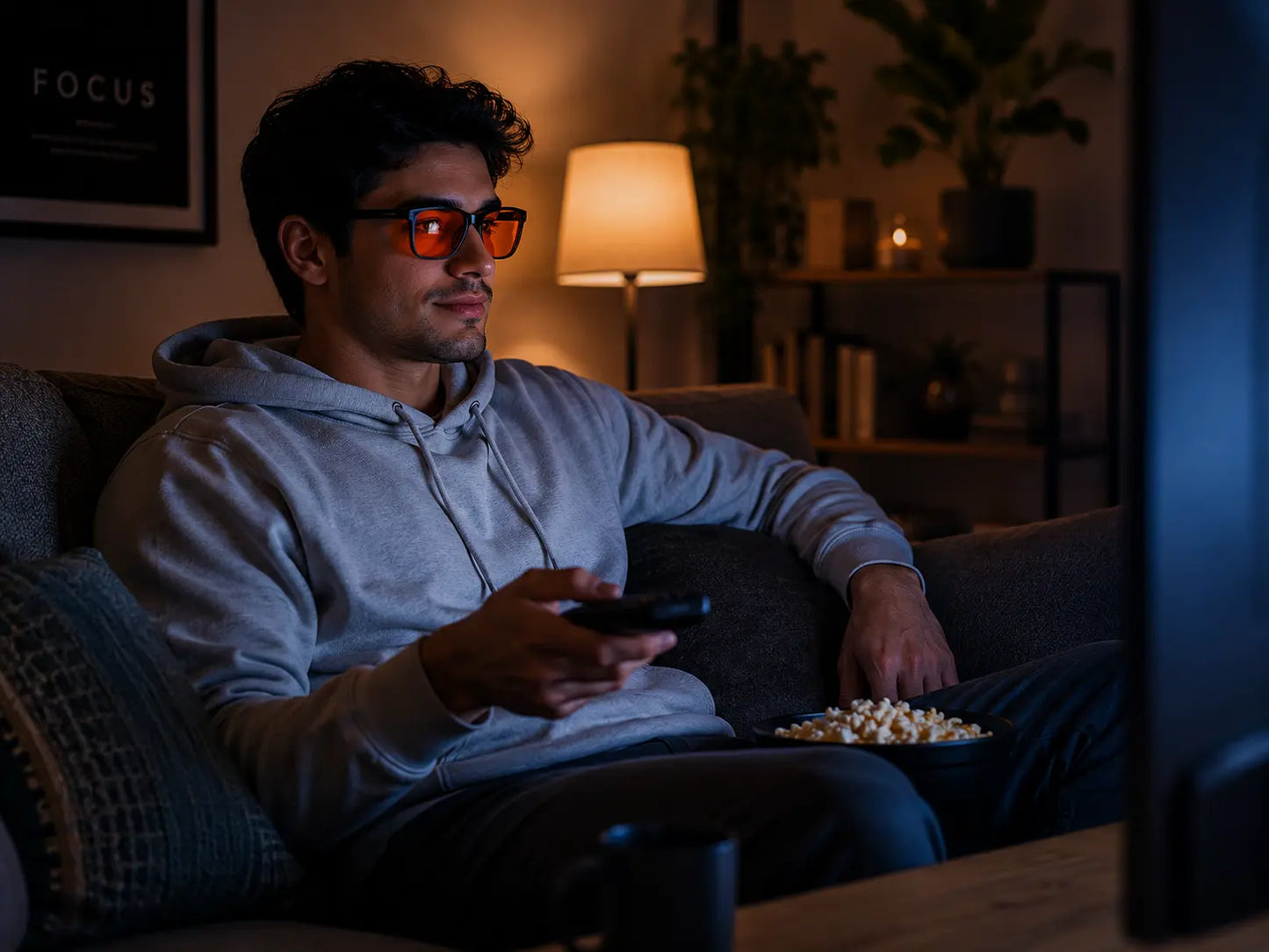 Person relaxing and watching television at night while wearing Deep Drift Solar Dusk amber blue light blocking glasses