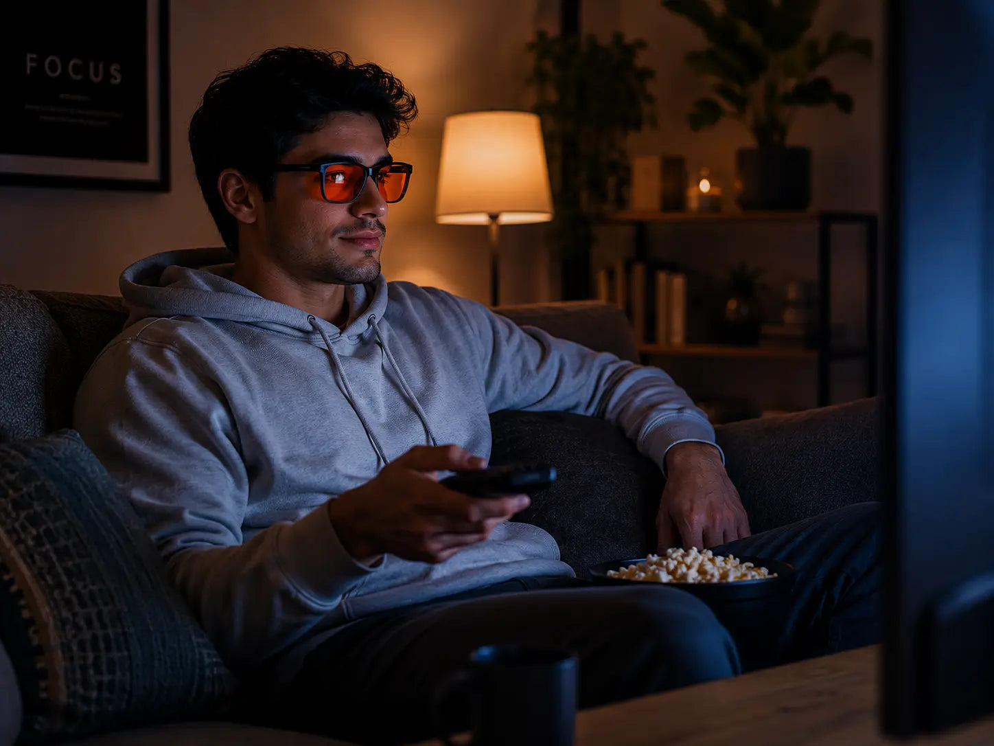 Person relaxing and watching television at night while wearing Deep Drift Solar Dusk amber blue light blocking glasses