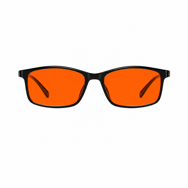 Deep Drift Solar Dusk blue light sleep glasses with amber lenses and lightweight black frame for evening screen use