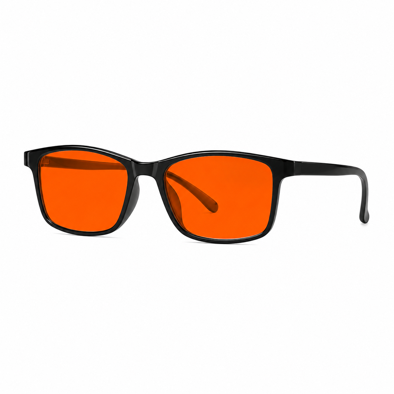 Deep Drift Solar Dusk blue light sleep glasses with orange amber lenses and lightweight black frame shown at side angle for evening use