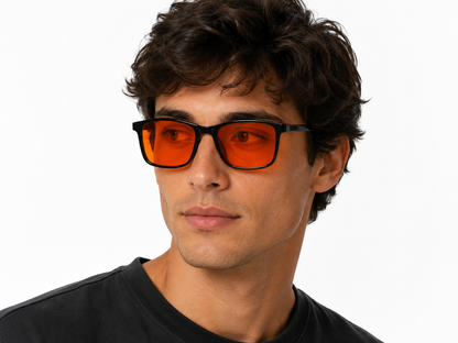 Man wearing Deep Drift Solar Dusk blue light sleep glasses with amber lenses for evening screen use and night-time comfort