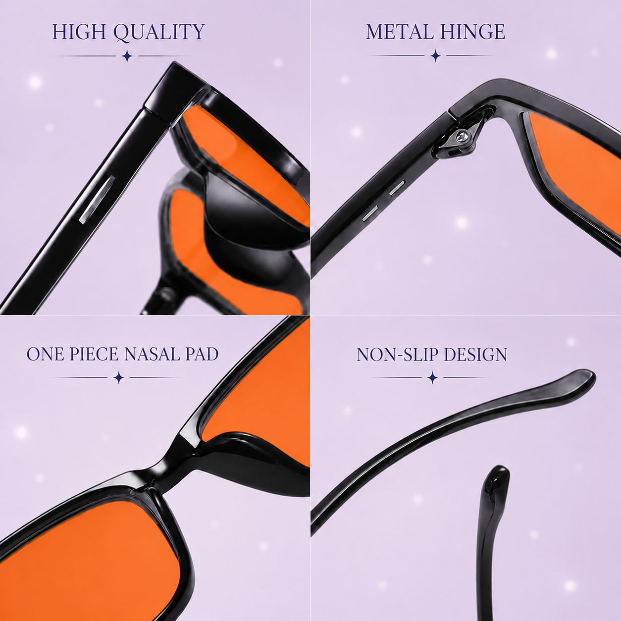 Deep Drift Solar Dusk blue light sleep glasses showing premium frame features including metal hinge, non-slip design and comfort fit details
