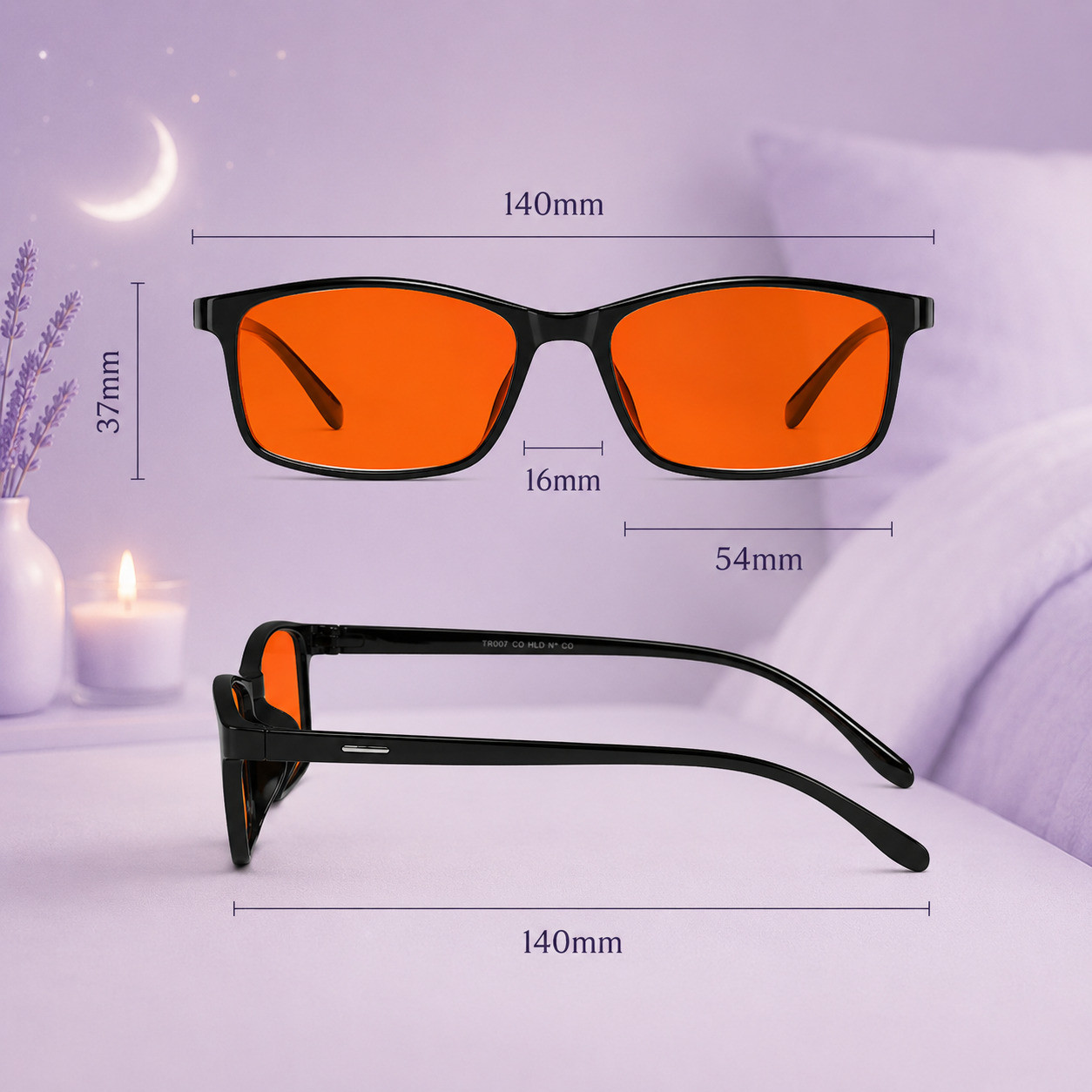 Deep Drift Solar Dusk blue light sleep glasses size guide showing frame width, lens width, bridge width and arm measurements
