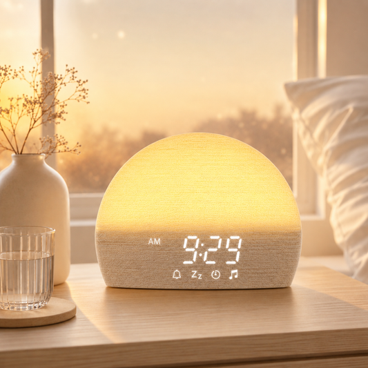 Deep Drift sunrise alarm clock with warm light and digital display on a bedside table