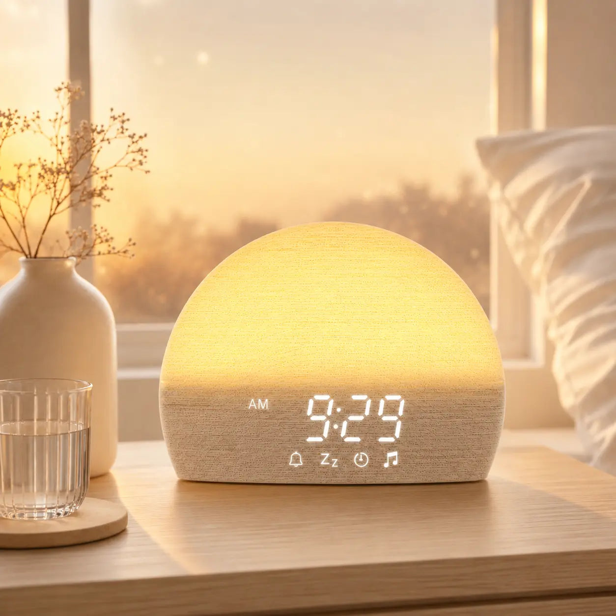 Deep Drift sunrise alarm clock glowing warmly on a bedside table in a calming morning bedroom setting
