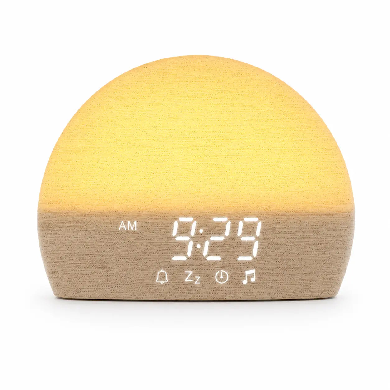 Sunrise alarm clock wake up light with digital display for better sleep and gentle morning waking on a white background.