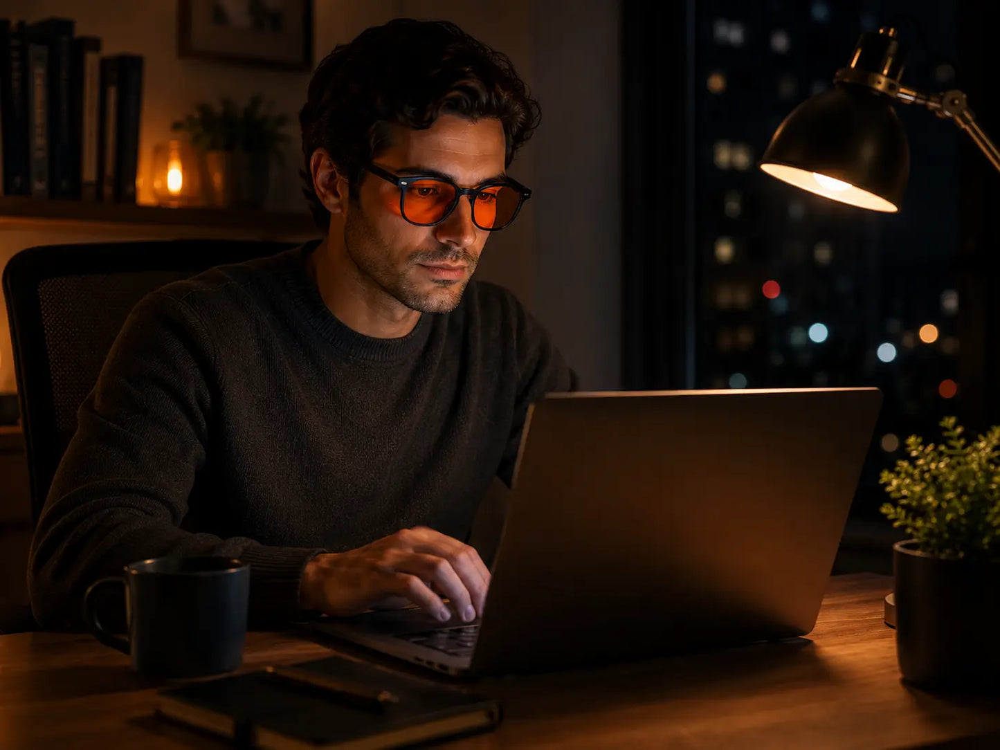 Man wearing Deep Drift Sunset Drift blue light blocking sleep glasses while using a laptop at night in a warm low-light home office