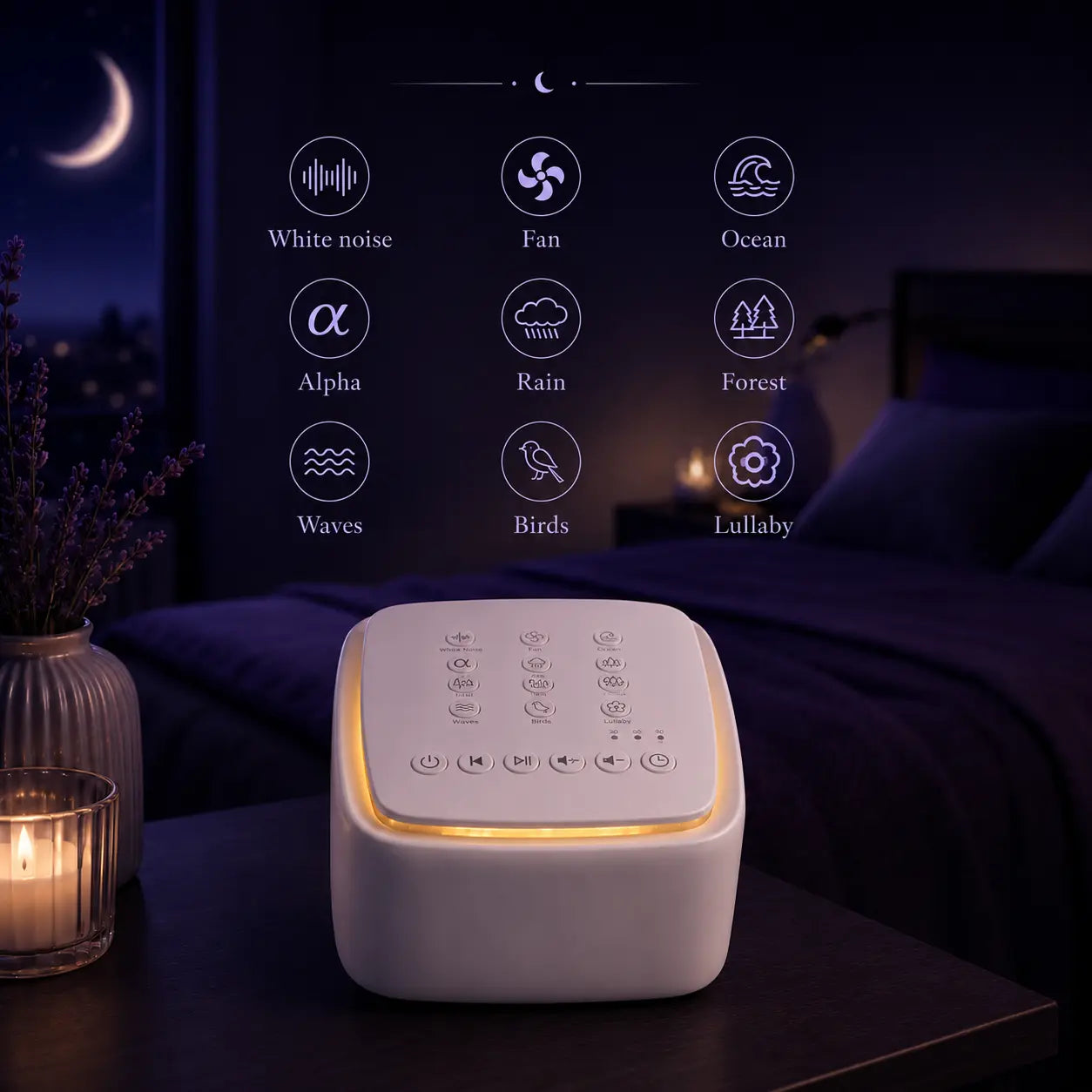 Deep Drift white noise sleep machine on bedside table with 9 soothing sound options including white noise, rain, ocean, birds and lullaby in a calming nighttime bedroom setting.
