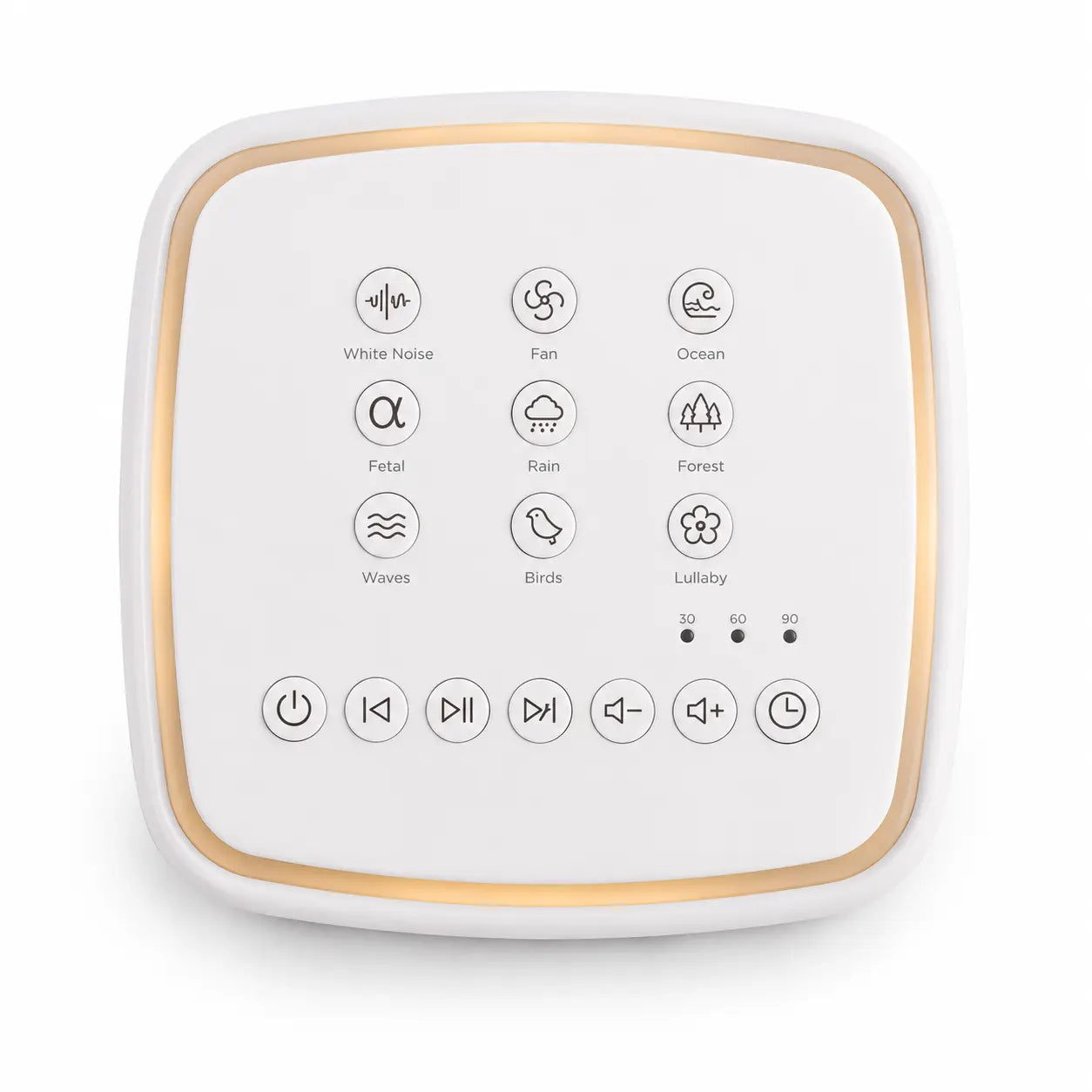 Top view of the Deep Drift white noise sleep machine control panel showing sound selection buttons, timer controls and volume buttons on a clean white background.