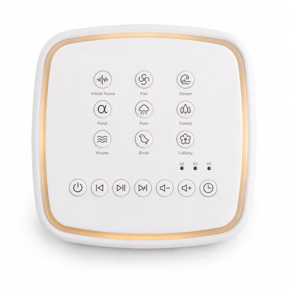 Top view of the Deep Drift white noise sleep machine control panel showing sound selection buttons, timer controls and volume buttons on a clean white background.