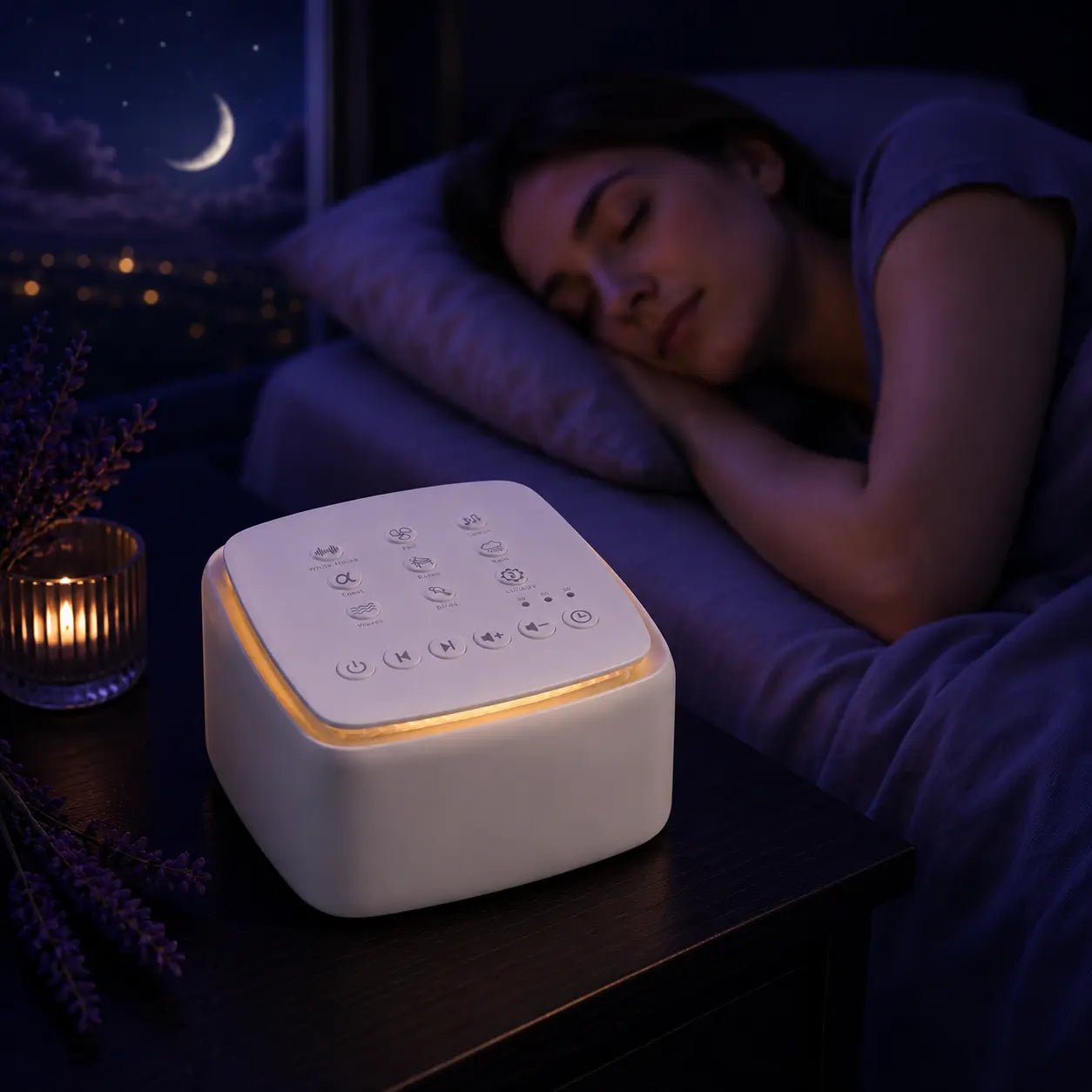 Woman sleeping peacefully beside Deep Drift white noise sleep machine glowing softly on a bedside table in a calming dark bedroom.