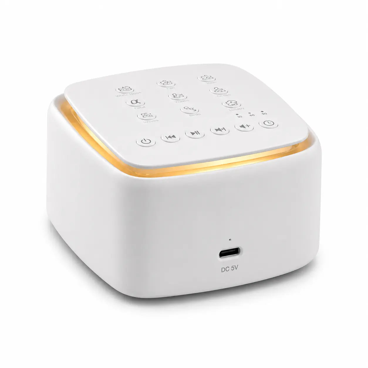 Deep Drift white noise sleep machine with USB-C charging port and warm ambient light on a white background