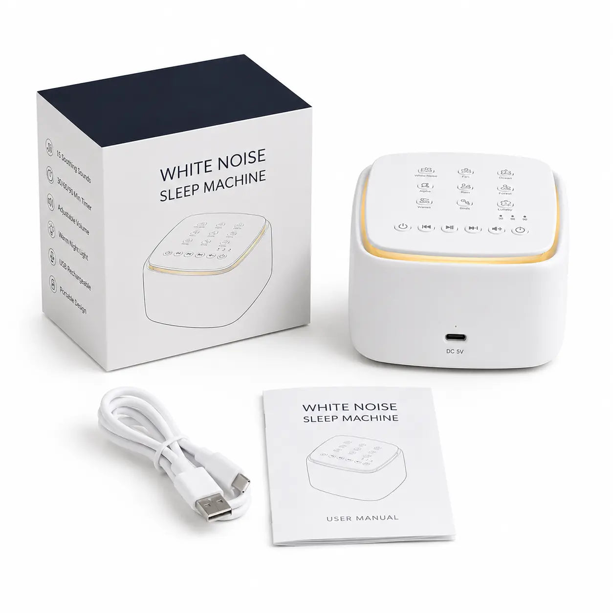 Deep Drift white noise sleep machine with packaging box, USB-C charging cable and user manual displayed on a clean white background.
