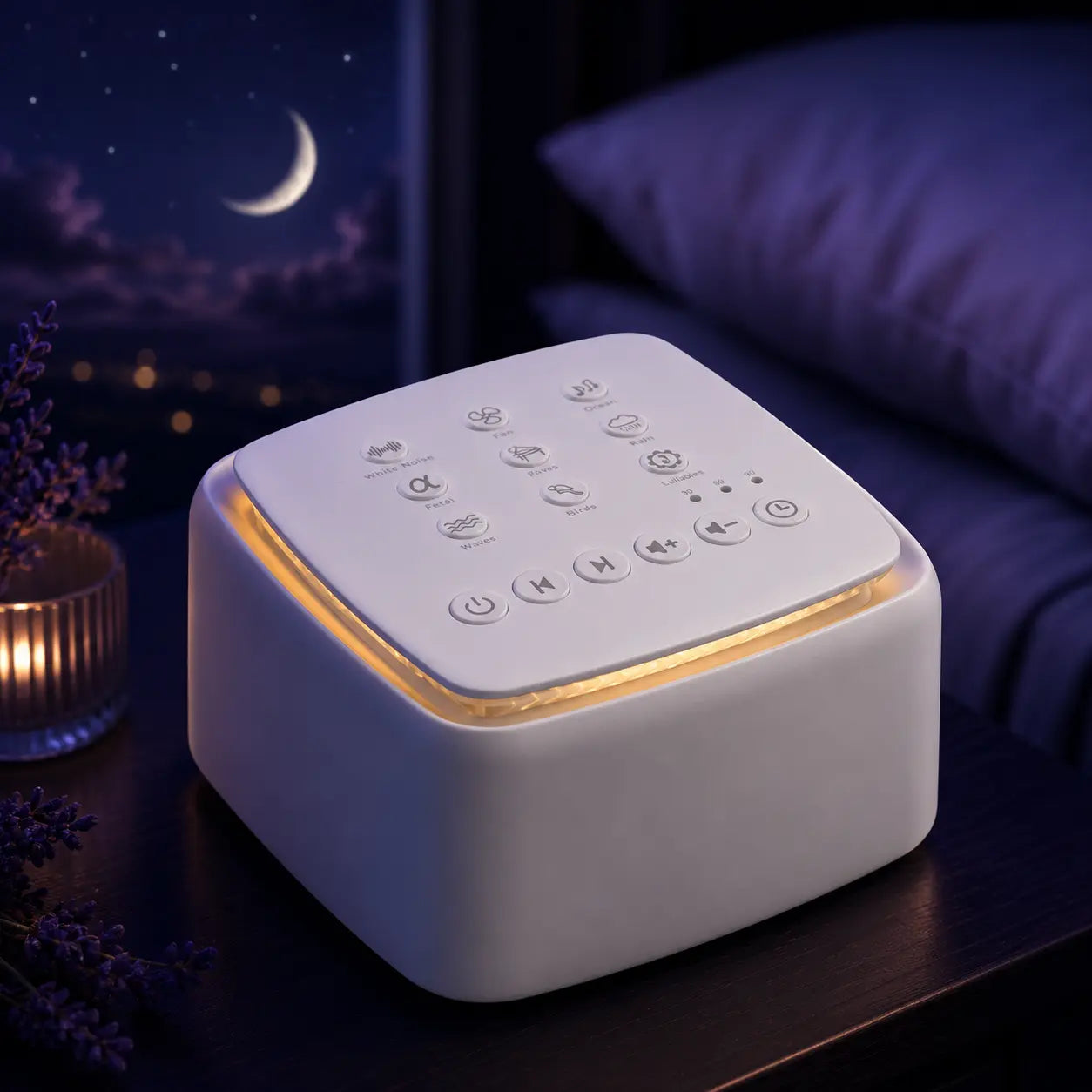 Deep Drift white noise sleep machine with soft night light glow on bedside table in calming bedroom setting designed to support relaxation and better sleep