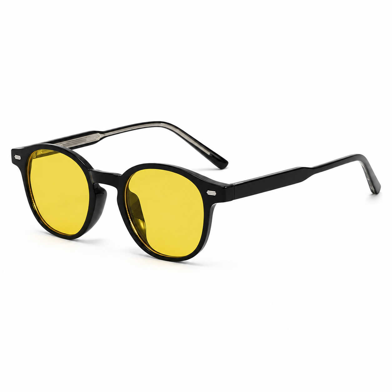 Deep Drift yellow blue light blocking sleep glasses with black round frames angled on a white background