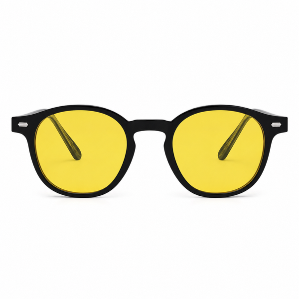 Deep Drift yellow blue light blocking sleep glasses with black round frames on a white background