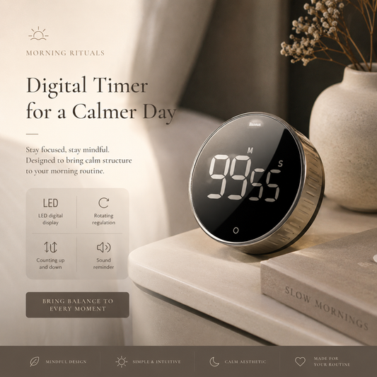 Deep Drift digital timer on a bedside table designed for focus, productivity and calm routines