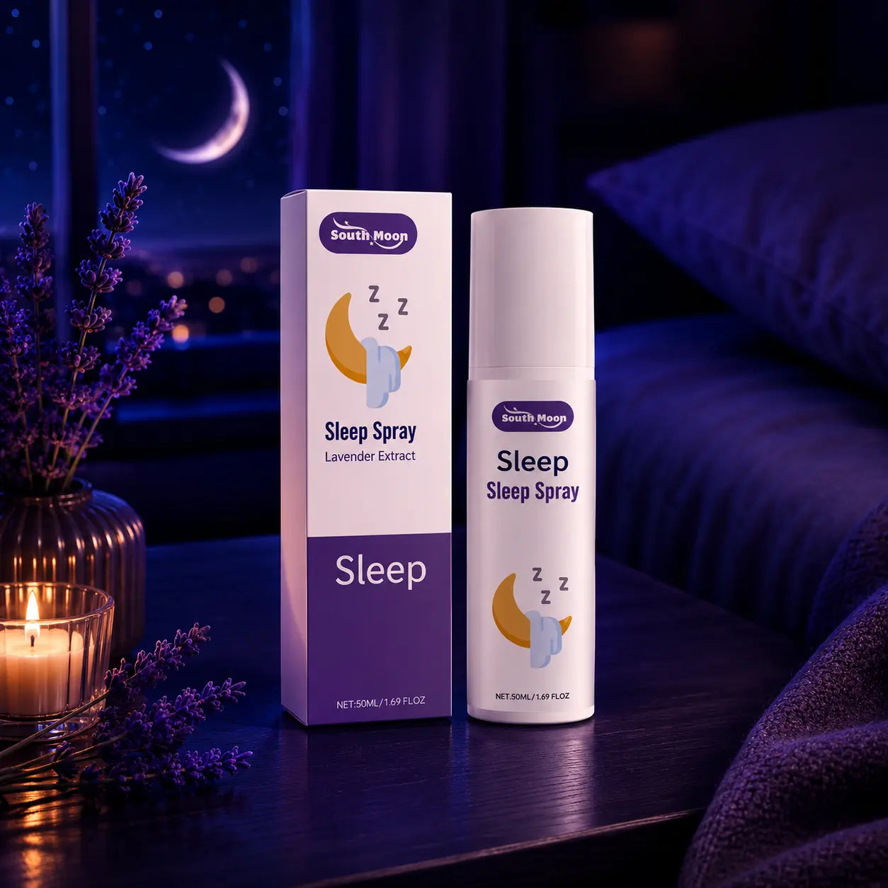 Deep Drift lavender sleep spray on a bedside table in a relaxing bedroom designed to support a calming nighttime routine