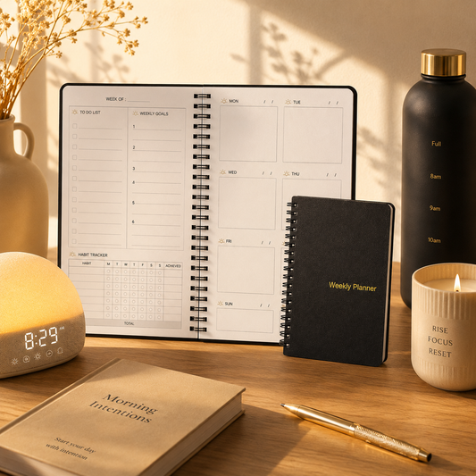 Morning routine bundle with planner, water bottle, sunrise alarm clock and wellness essentials