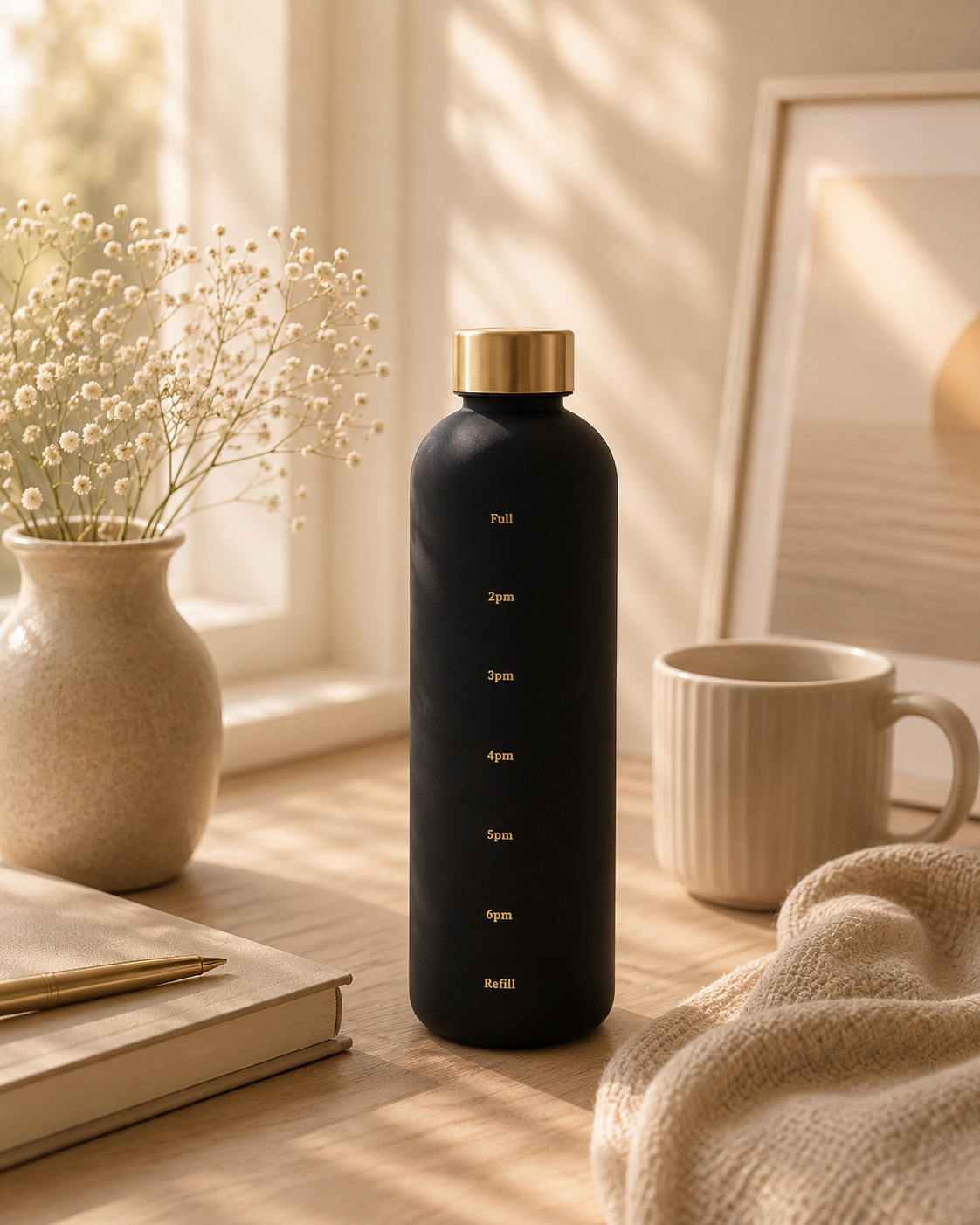Motivational water bottle with time markers designed to encourage daily hydration habits