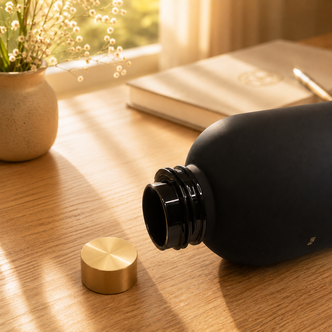 Reusable motivational water bottle showing leakproof lid for daily hydration and healthy habits