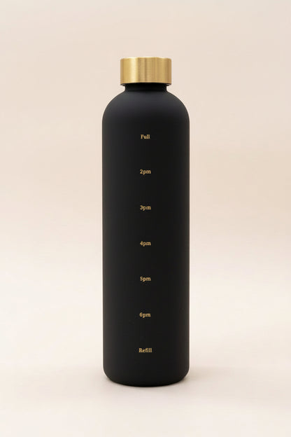 Reusable motivational water bottle with time markers designed for daily hydration goals
