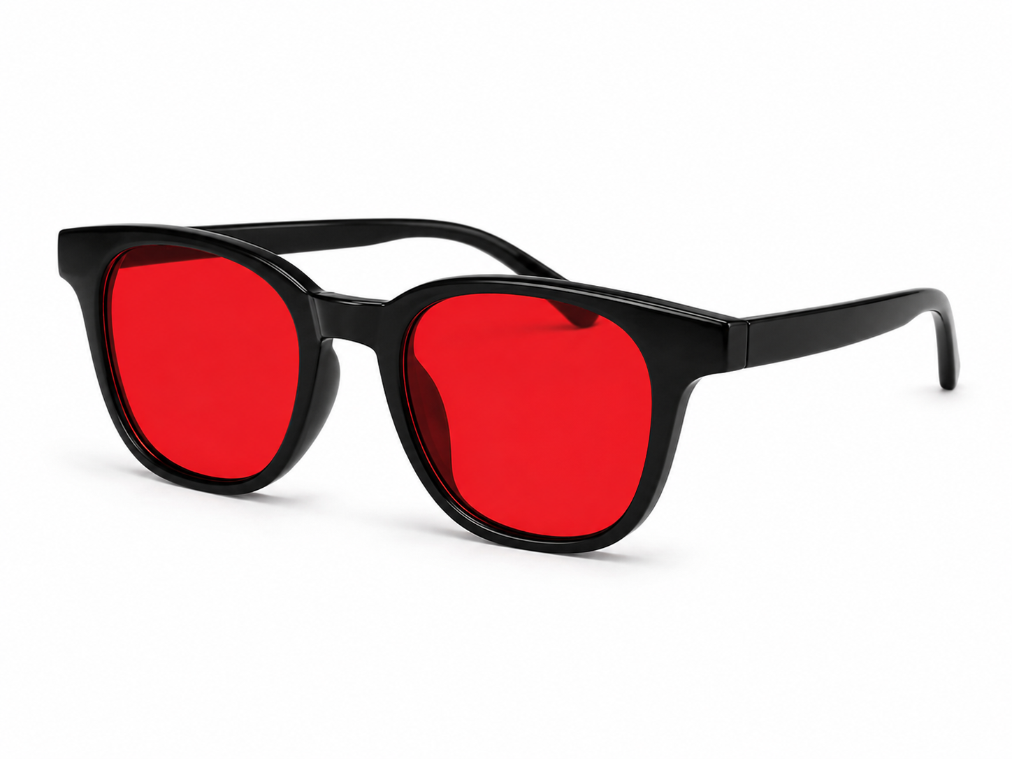 Angled view of Deep Drift blue light blocking sleep glasses with red lenses and black frame for evening screen use and night-time routines