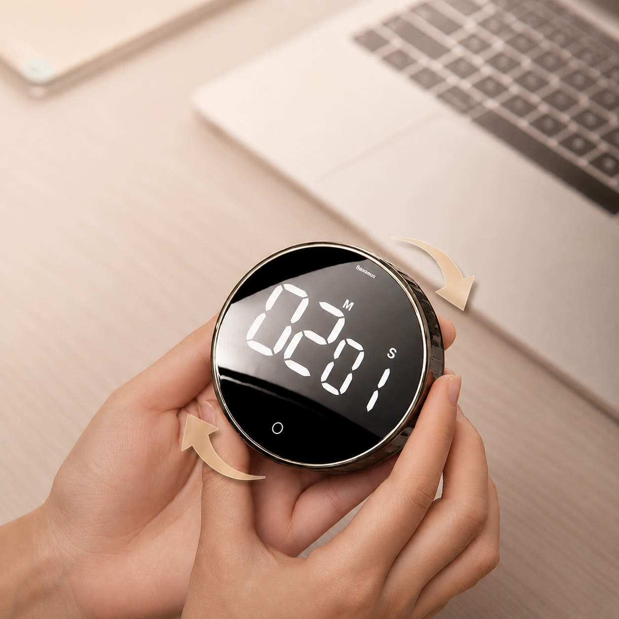 Deep Drift digital focus timer being held during a productivity and work routine
