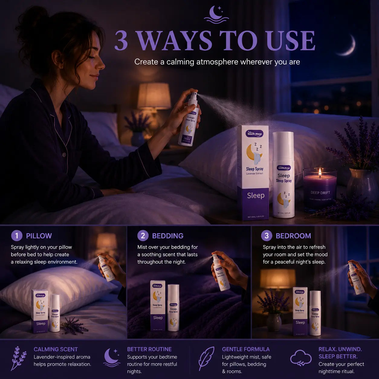 Woman using Deep Drift sleep spray in a bedroom with visual guide showing three ways to use the calming pillow and bedding mist before sleep.