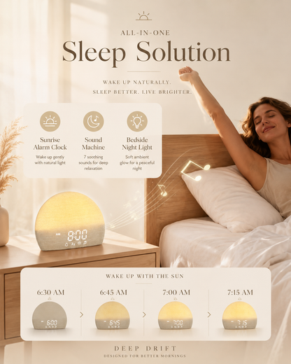 Sunrise alarm clock for natural wake-up routine beside a bed in a calming bedroom setting