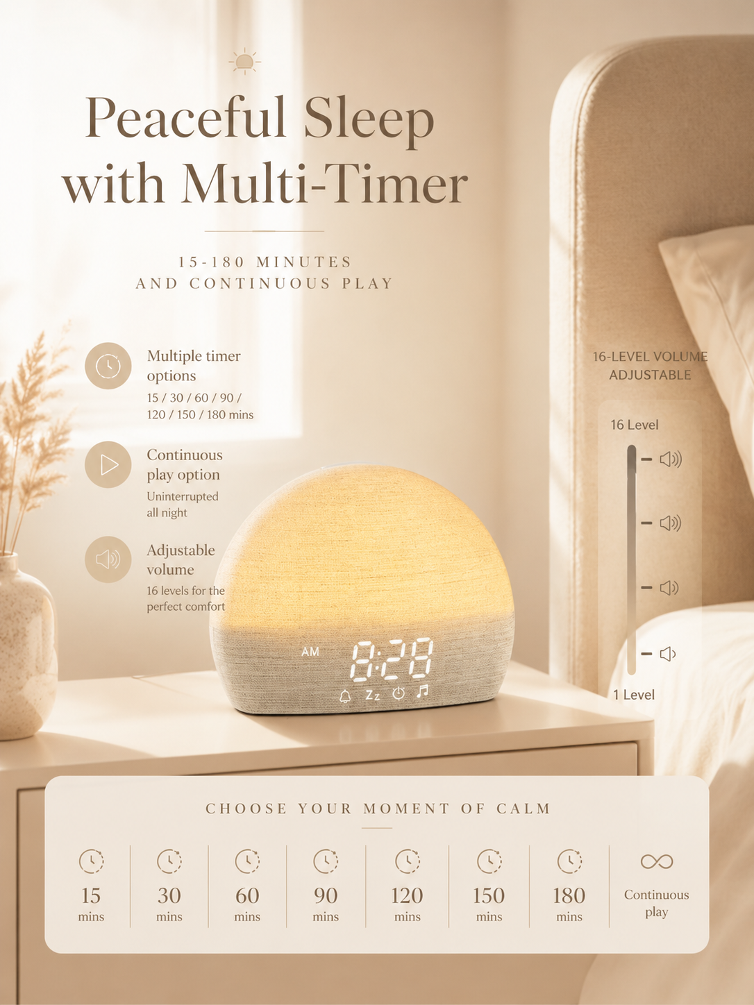 Sunrise alarm clock with sleep timer settings in a relaxing bedside setup